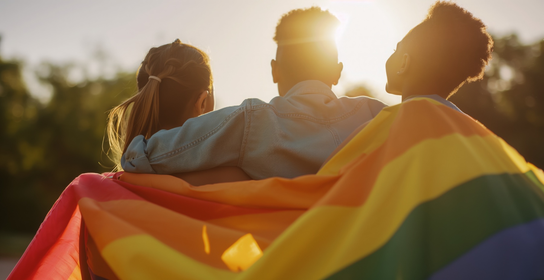 three students arm in arm, with rainbow blanket or banner over their shoulders